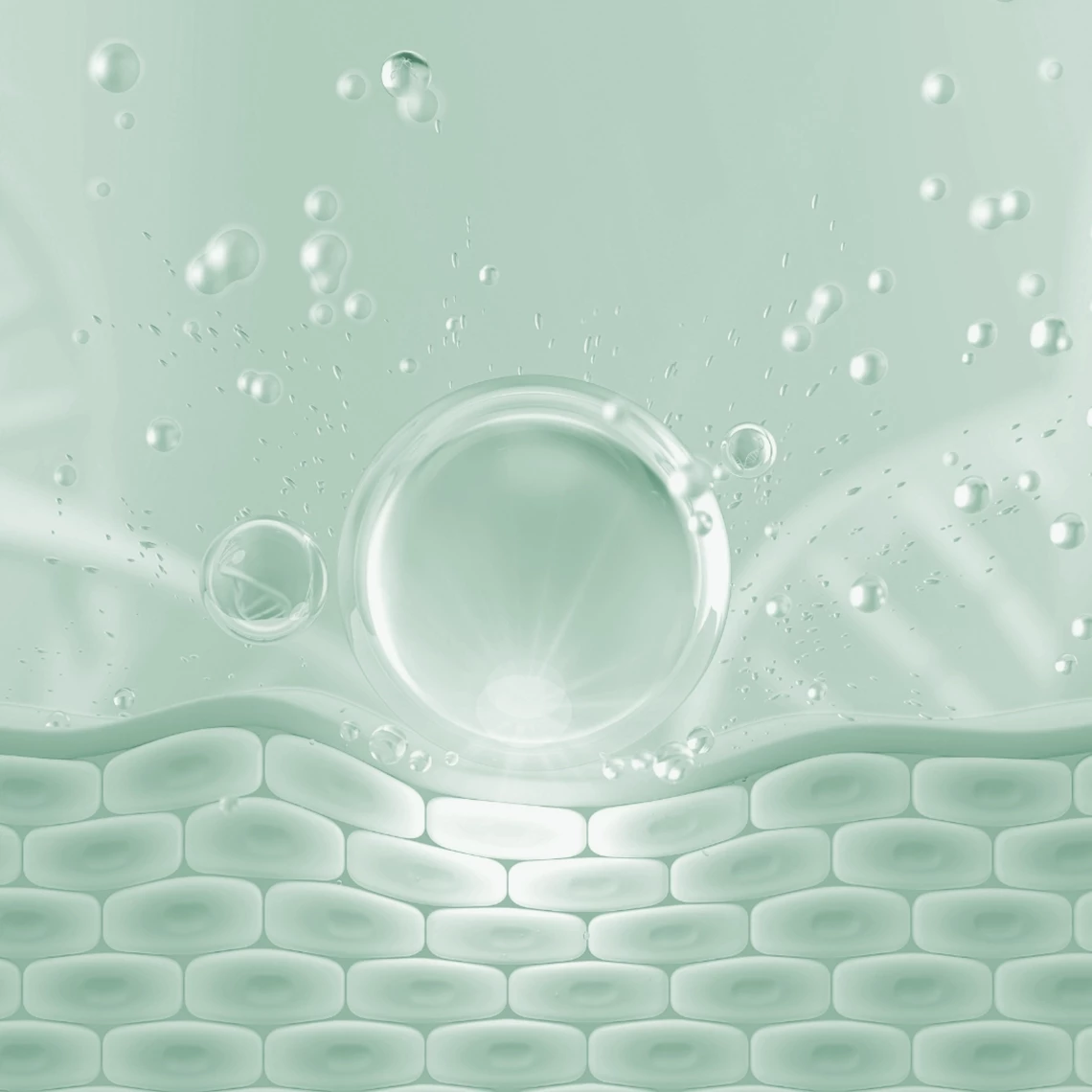 A light green background depicting a simplified skin layer and a large clear bubble surrounded by droplets, highlighting moisture and barrier reinforcement.